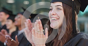 graduation, clapping or happy woman graduate on campus for education, achievement or school success. Face, college class