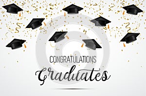 Graduation class of 2018. Congratulations graduates. Academic hats, confetti and balloons. Celebration. .