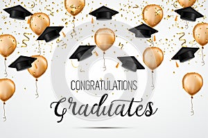 Graduation class of 2018. Congratulations graduates. Academic hats, confetti and balloons. Celebration. .