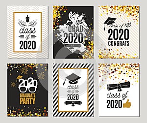 Graduation Class of 2020 greeting cards set of six templates in gold colors. Vector party invitations. Grad banners. All isolated