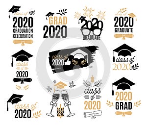 Graduation class of 2020 labels design set. Badges kit for shirt, print, seal, overlay, stamp, greeting card, invitation. Vector