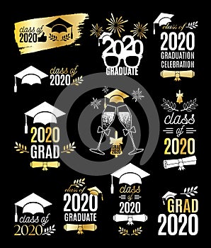 Graduation class of 2020 labels design set with golden elements. Concept for shirt, print, seal, overlay, stamp, greeting card,