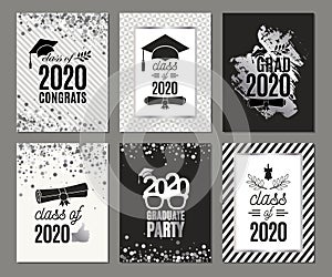 Graduation Class of 2020 six greeting cards set in silver colors. Vector party invitations. Grad banners. All isolated and layered