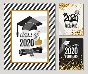 Graduation Class of 2020 three greeting cards set in gold colors. Vector grad party invitations. Grad posters. All isolated and