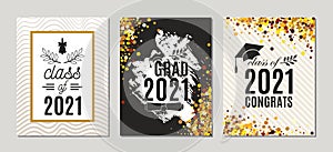 Graduation Class of 2021 greeting cards set of three templates in gold colors. Vector party invitations. Grad banners. All