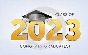 Graduation class of 2023 with cap. 3d vector illustration