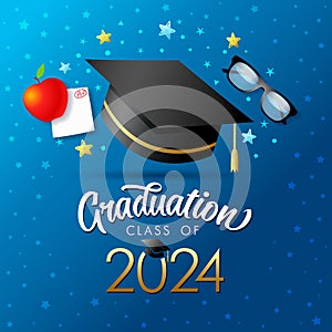 Graduation class of 2024 web stories concept with black academic hat