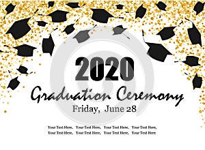 Graduation Class Ceremony of 2020 greeting cards set with gold confetti. Vector grad party invitation poster photo