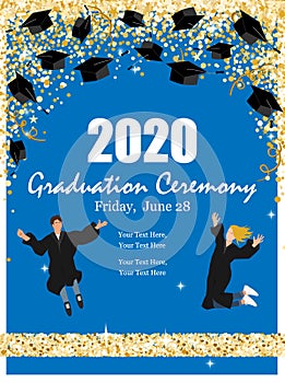 Graduation Class Ceremony of 2020 greeting cards set with graduate hats in the air gold confetti. Vector grad party