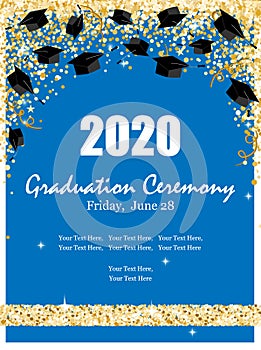 Graduation Class Ceremony of 2020 greeting cards set with graduate hats in the air gold confetti. Vector grad party