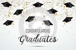 Graduation class of 2018. Congratulations graduates. Academic hats, confetti and balloons. Celebration. . photo