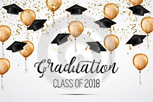 Graduation class of 2018. Congratulations graduates. Academic hats, confetti and balloons. Celebration. .