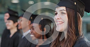 Graduation, class or face of happy woman on campus for education, achievement or school success. Scholarship winner