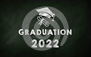 Graduation 2022 Concept With High School Student Hat Symbol On Green Chalkboard. Twenty Two New Graduations and Celebration