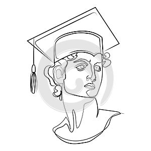 Graduation concept. Sculpture of Michelangelo's David in academic graduate hat with tassel. line art drawing vector