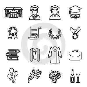 Graduation day. College & University education icon set. Thin Line Style stock vector.