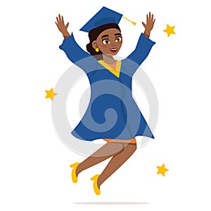 Graduation day. Graduate black girl in a dress, in a mantle and a square academic cap.