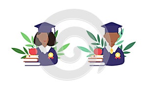Graduation day.Set of student with a medal.Books and an apple.Flat style African male and female.