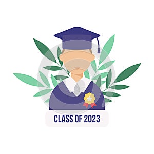 Graduation day. Smiling student with a medal.Flat style male. illustration.