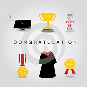 Graduation Day Vector Icon set of Celebration and Congratulation Elements in Flat Design.