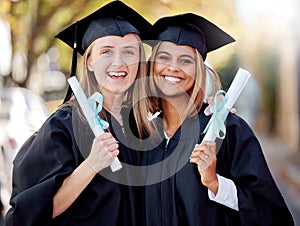 Graduation, degree and portrait of friends together happy for academic success at their university campus. Certificate