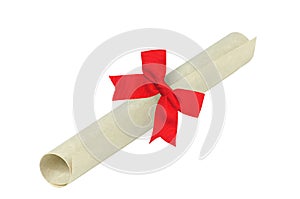 Graduation diploma with red ribbon isolated on white background