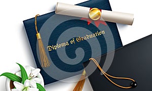 Graduation diploma vector concept design. Diploma of graduation text in certificate holder with 3d mortarboard cap and tassel.