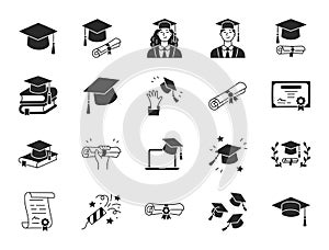 Graduation doodle illustration including flat icons - student in cap, diploma certificate scroll, university degree