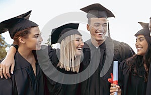 Graduation, friends and diversity of students hug to celebrate success, college event and smile. Happy group, graduates