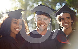 Graduation, friends and portrait of students at university for learning, achievement and study on campus. Education