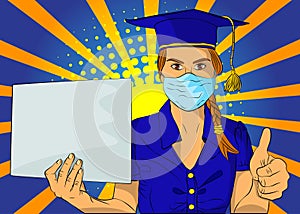 Graduation girl wearing face mask holding a white empty paper.