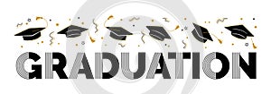 Graduation greeting sign with square academic caps high into the air. Vector design for graduation, congratulation ceremony,