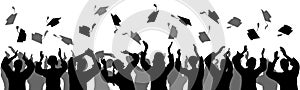 Graduation. Happy students graduates toss up caps. Silhouettes, vector illustration photo