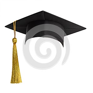 Graduation hat, Academic cap or Mortarboard in black isolated on white background with clipping path for educational phd hat