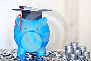 Graduation hat on blue piggy bank with stack of coins money on wooden background, Saving money for education concept