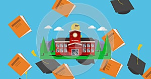 Graduation hat and book icons falling over school building icon against blue background