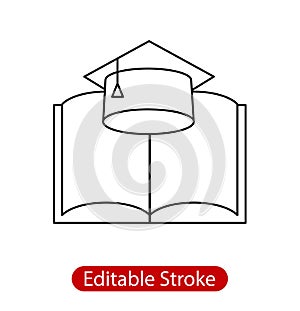 Graduation hat and book line icon, outline vector sign, linear style pictogram isolated on white background. Education