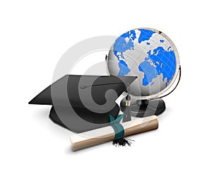 Graduation hat, diploma and globe