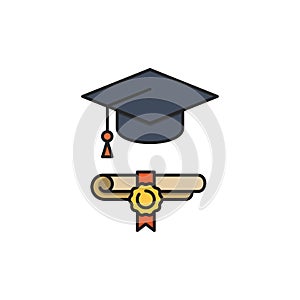 Graduation hat and diploma icon, color, line, outline vector sign, linear style pictogram isolated on white. Symbol, logo