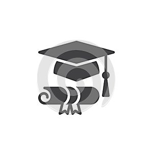 Graduation hat and diploma icon vector, filled flat sign, solid pictogram