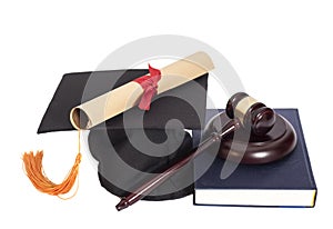 Graduation Hat with Diploma, Judge gavel and book