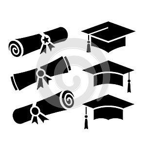 Graduation hat and diploma vector icon