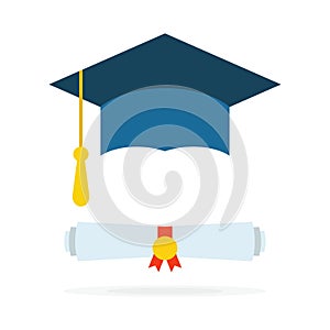 Graduation hat with diploma on white background. Vector illustration.Education and university concept.