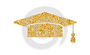 Graduation hat glitter logo. Graduate cap flat sparkling luxury gold sticker