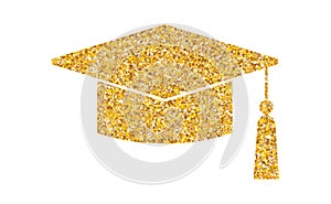 Graduation hat glitter logo. Graduate cap flat sparkling luxury gold sticker