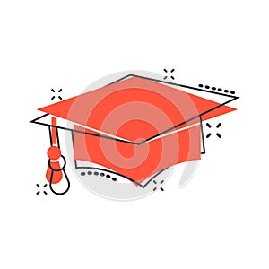Graduation hat icon in comic style. Student cap cartoon vector illustration on white isolated background. University splash effect