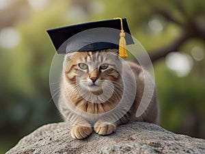 Cat with Graduation Hat. Cat posing on rock with graduation hat with tassel, funny copy space photo
