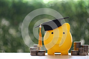 Graduation hat on piggy bank with stack of coins money on nature green background, Saving money for education concept