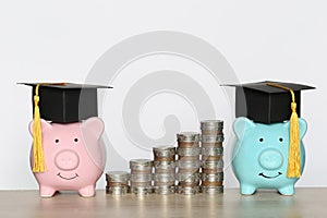 Graduation hat on piggy bank with Stack of coins money on white background, Saving money for education concept