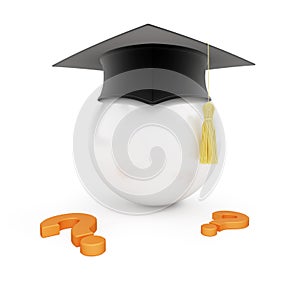 Graduation hat question mark on a white background 3D illustration, 3D rendering